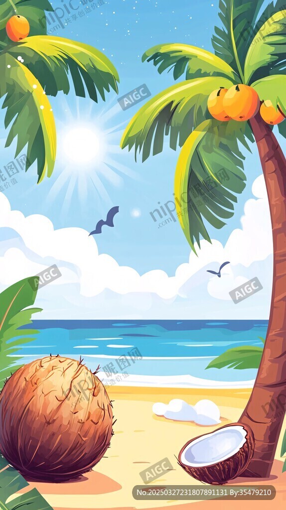 夏日海灘椰林風(fēng)光插畫