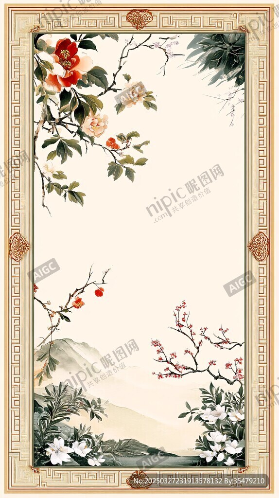 中式花鳥山水邊框插畫