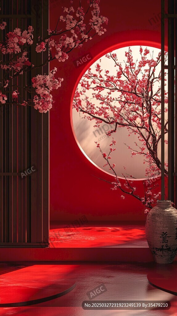 中式紅墻下的爛漫花枝