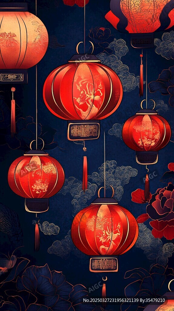 中式紅燈籠喜慶花卉背景
