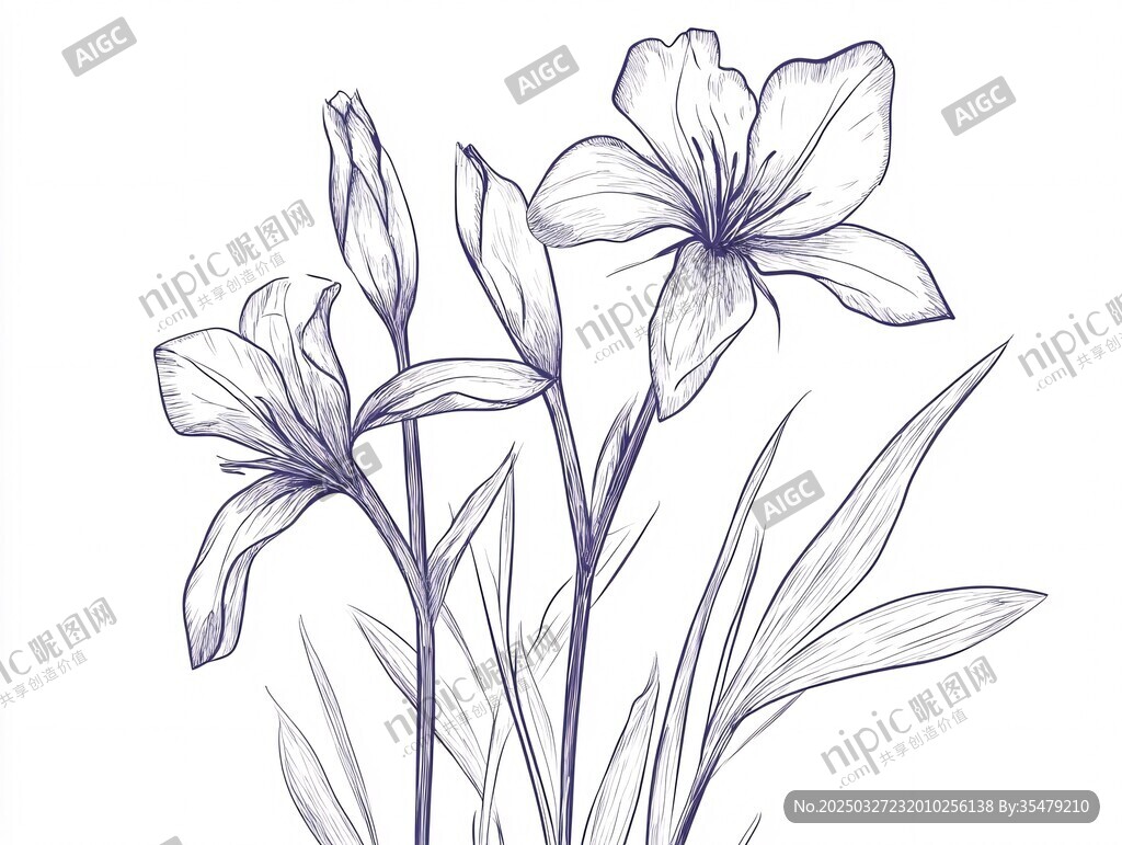 手繪線條百合花插畫