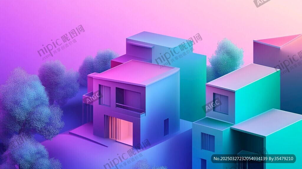 夢幻漸變色彩的立體建筑群