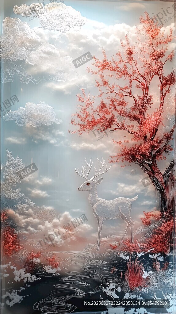 夢(mèng)幻白鹿與緋紅樹(shù)的仙境