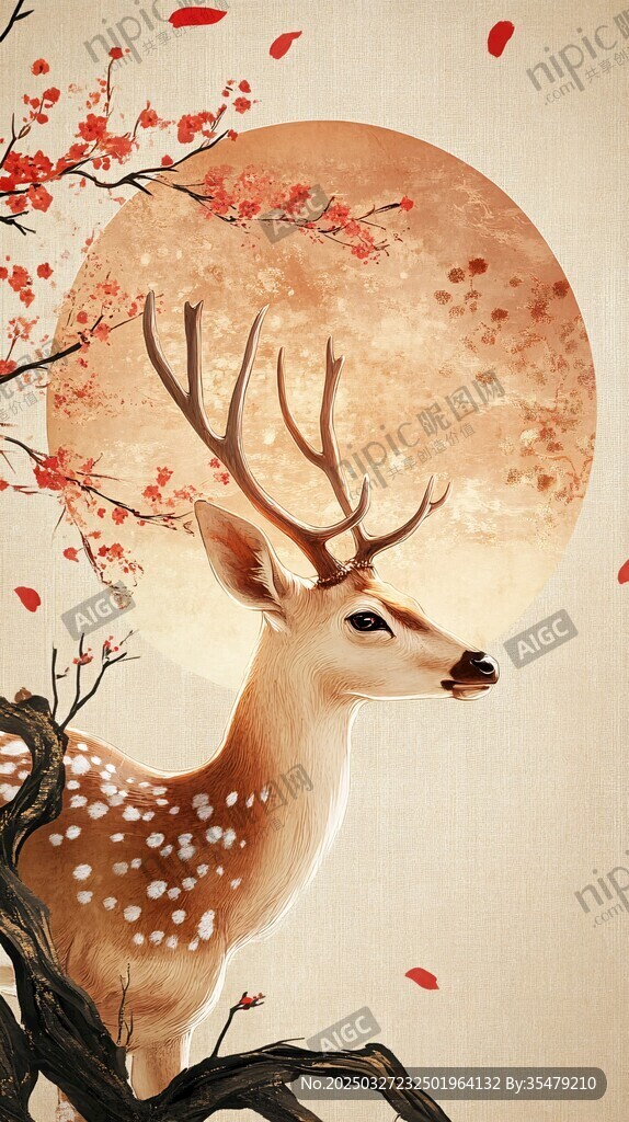 月下靈鹿賞紅梅