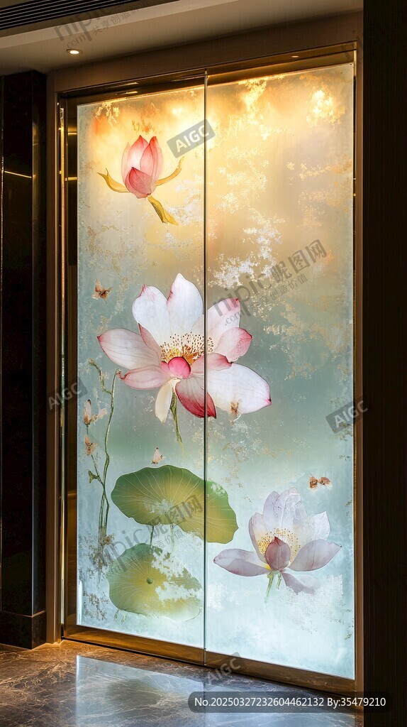 中式荷花藝術(shù)玻璃推拉門