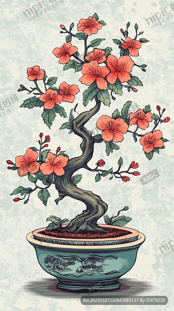 中式盆栽扶桑花藝術(shù)圖