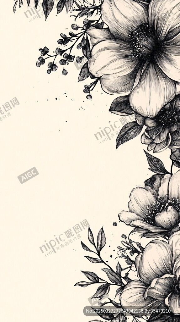 黑白花卉邊框插畫
