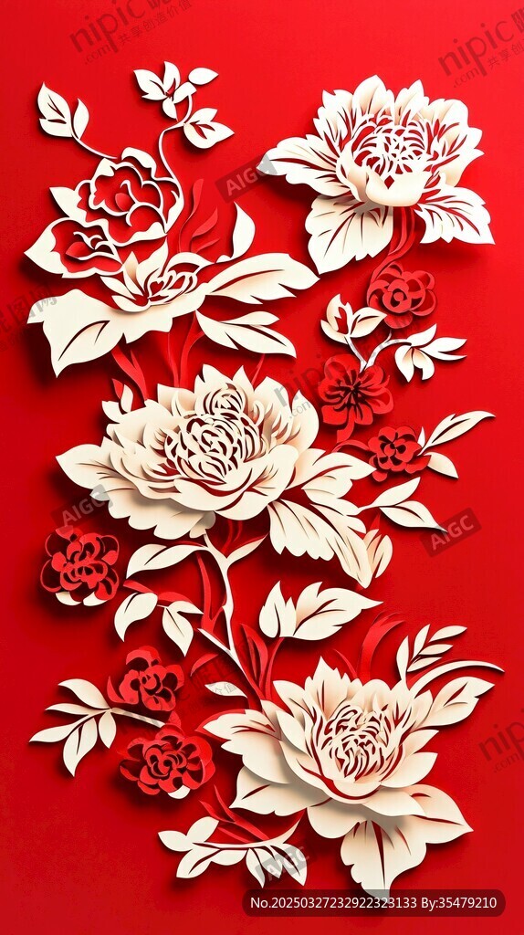 中式立體剪紙花卉藝術圖