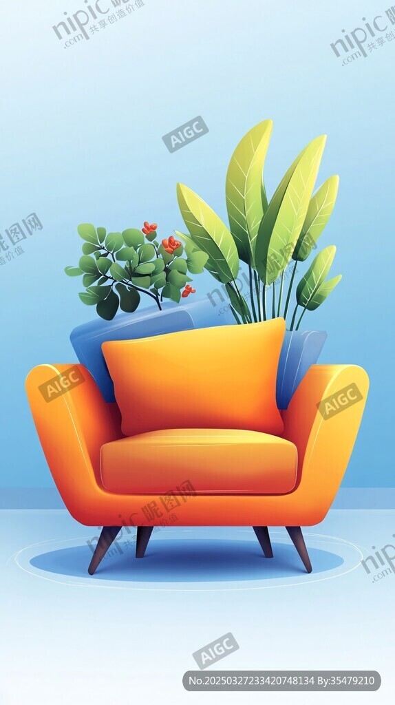 橙色沙發配綠植溫馨場景