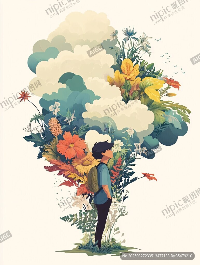 少年置身繁花云海間