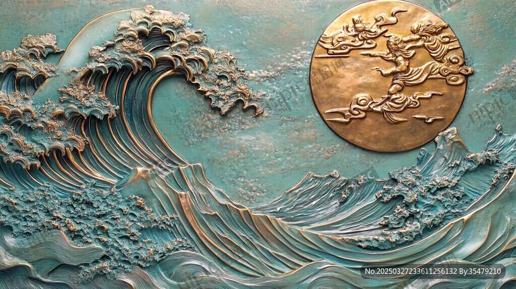 中式海浪圓月浮雕藝術