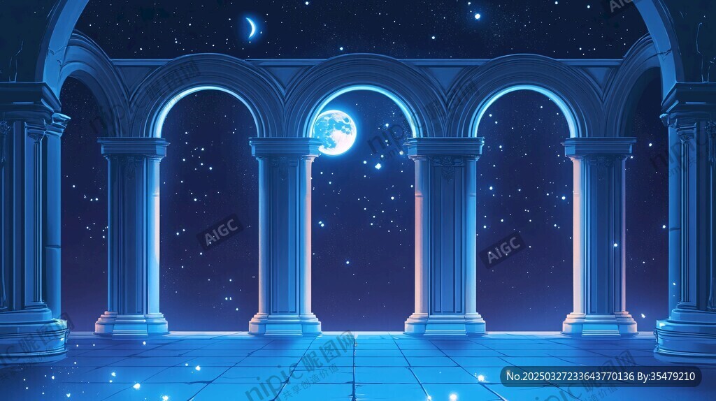 夢幻星空下的古典拱門場景