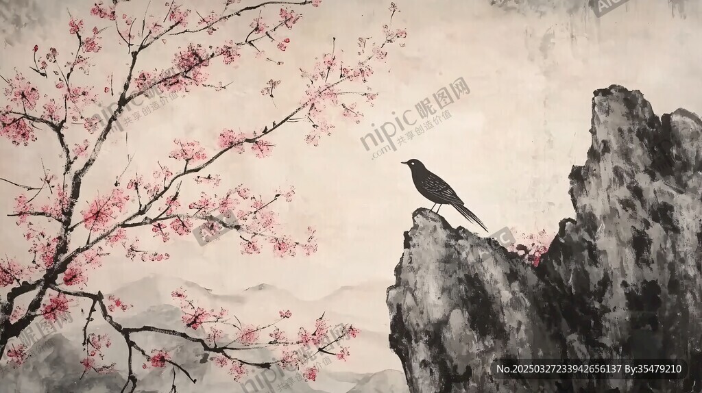 山巔飛鳥伴繁花