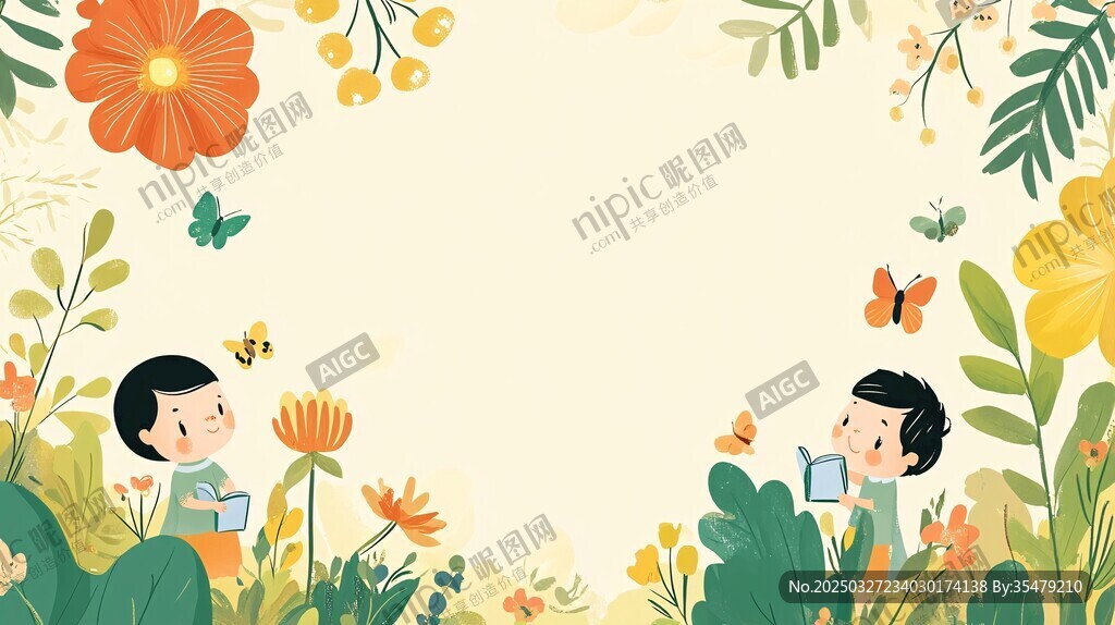 兒童在花叢中快樂閱讀