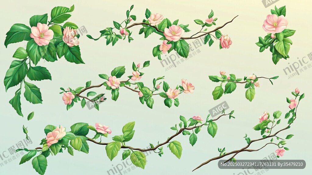 粉色花枝綠葉插畫素材