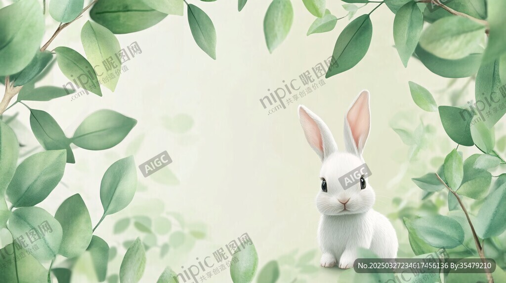 綠葉間的可愛小白兔