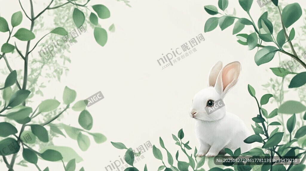 白兔棲于綠葉間