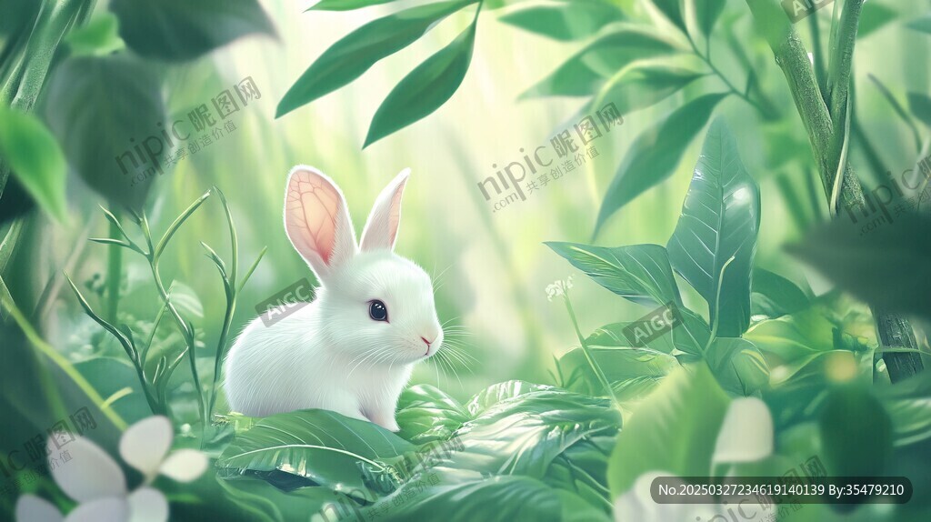 白兔棲于蔥郁綠植間