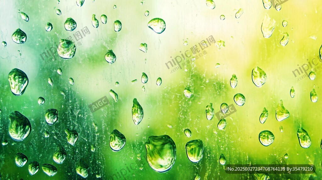 晶瑩雨珠裝點翠綠背景
