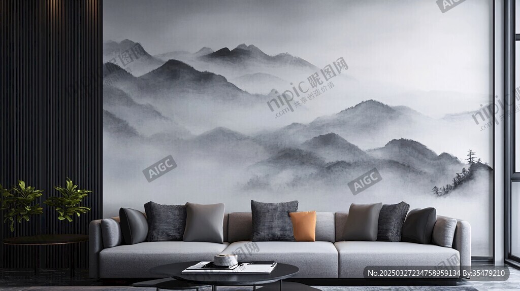 中式山水風(fēng)客廳沙發(fā)背景墻
