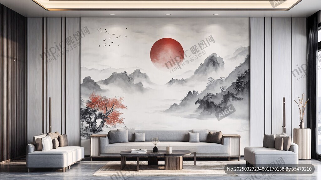 中式客廳 水墨山水紅日壁畫