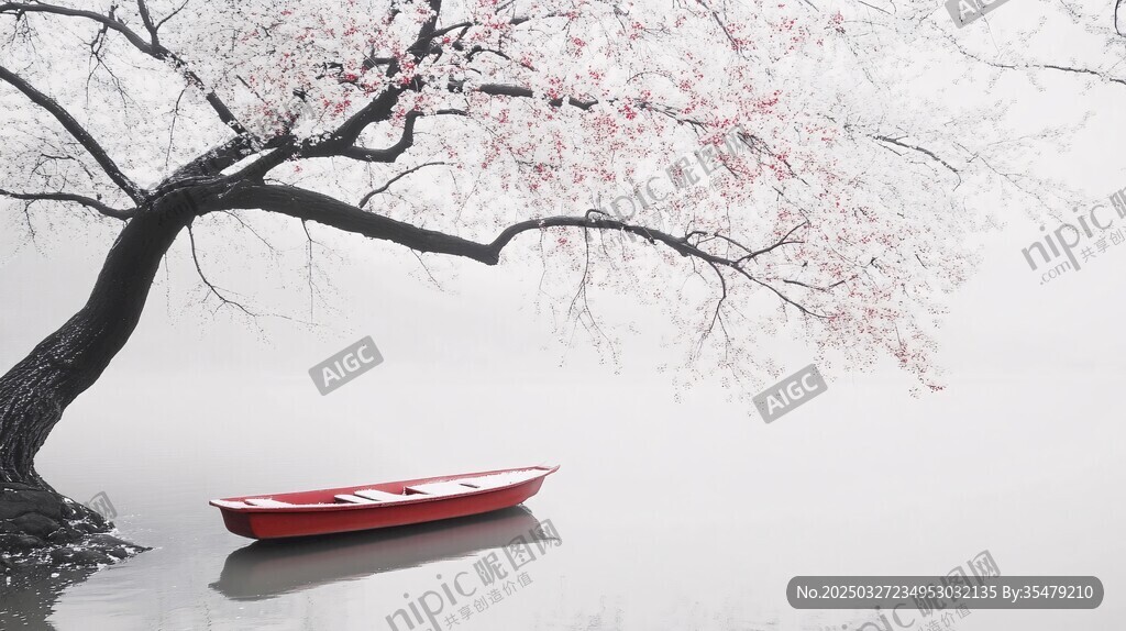 湖畔櫻花下的紅色小船