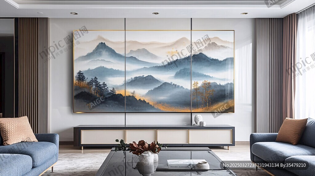 中式客廳山水掛畫裝飾美