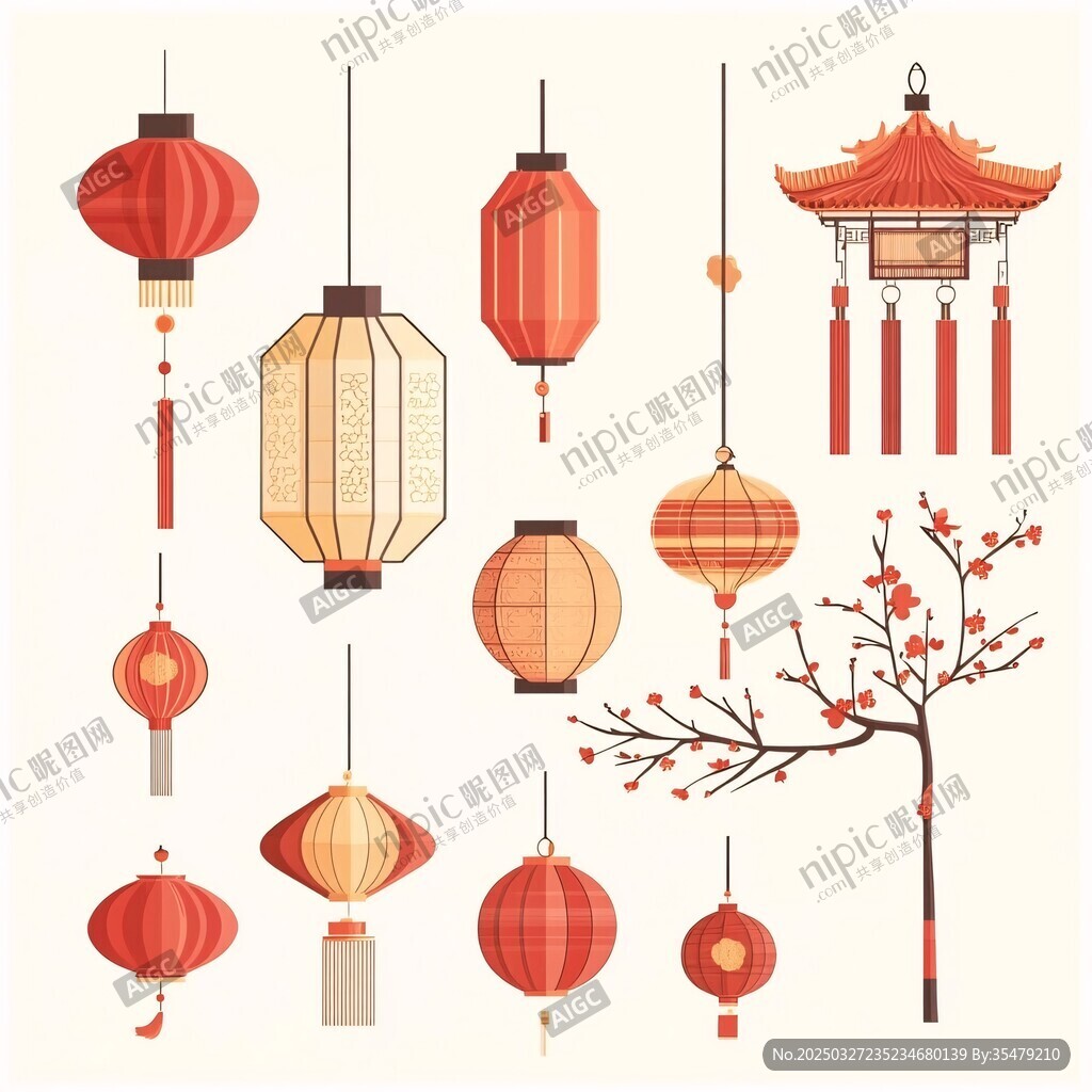 中式燈籠與紅梅裝飾元素