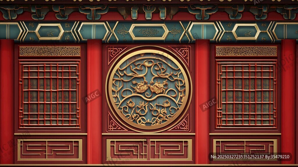 中式古典紅墻精美裝飾