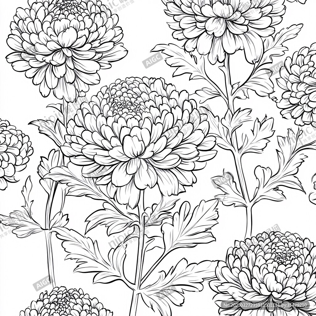 菊花花卉線描圖案設計