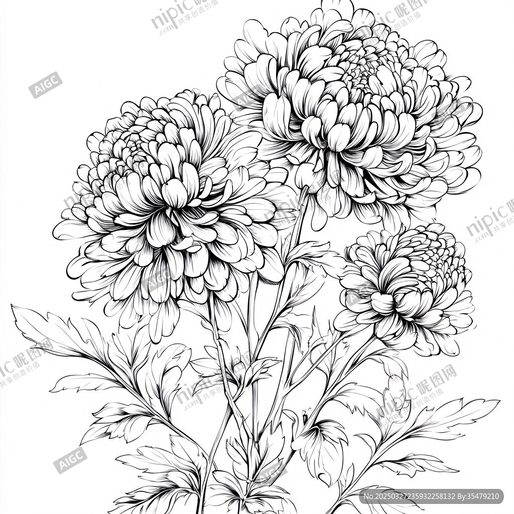 手繪菊花花卉黑白線稿圖