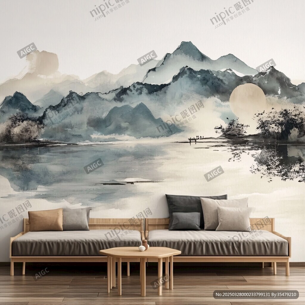 中式山水風(fēng)客廳裝飾壁畫