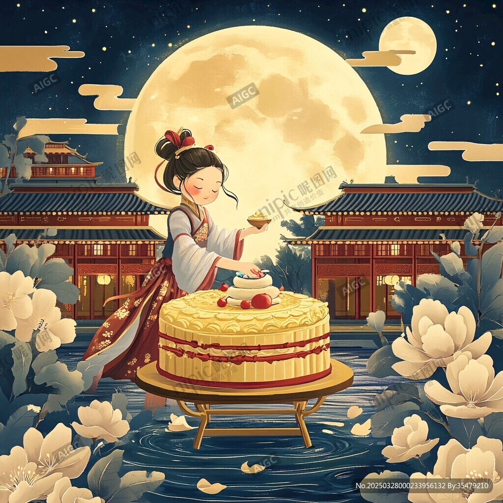 古風少女伴月享美味蛋糕