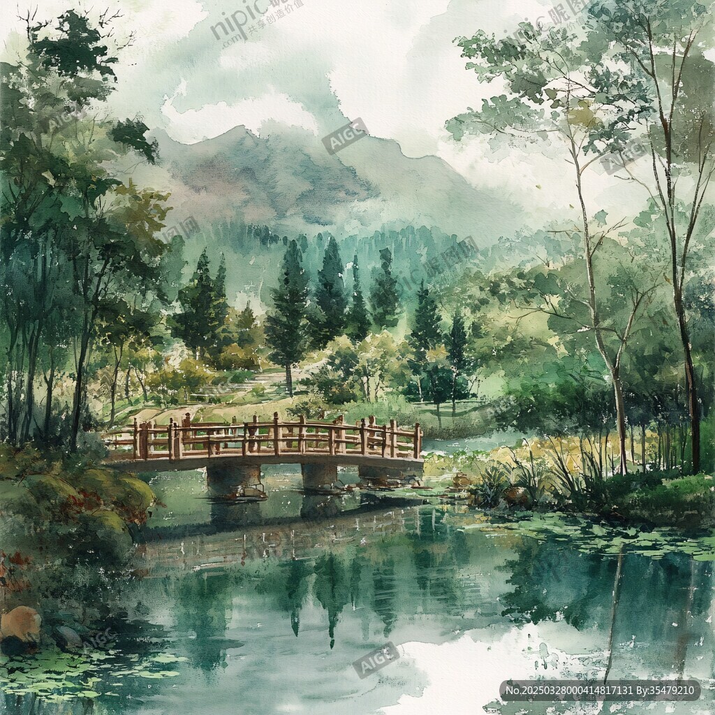 山間木橋畔的靜謐自然景