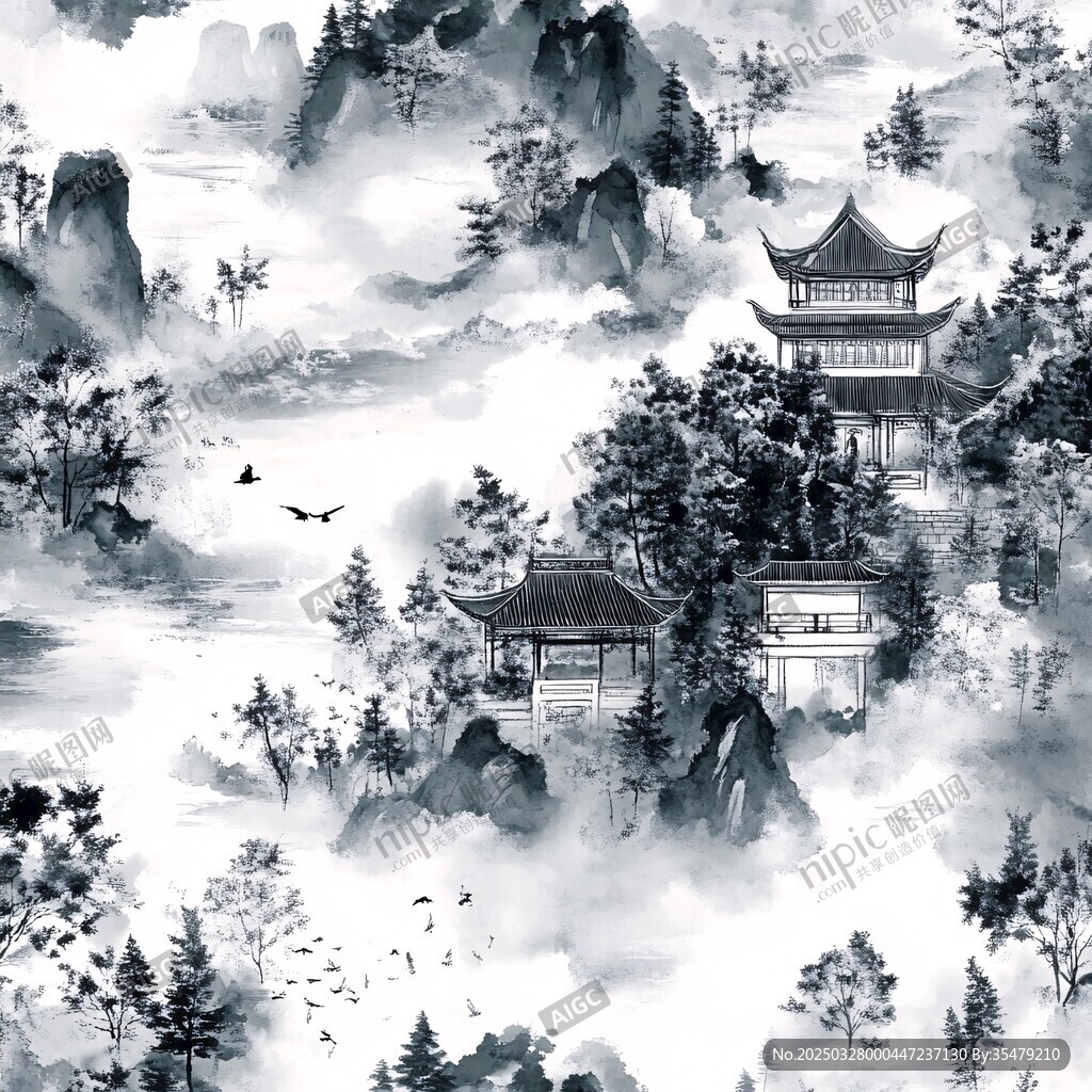 水墨山水間的古典建筑意境