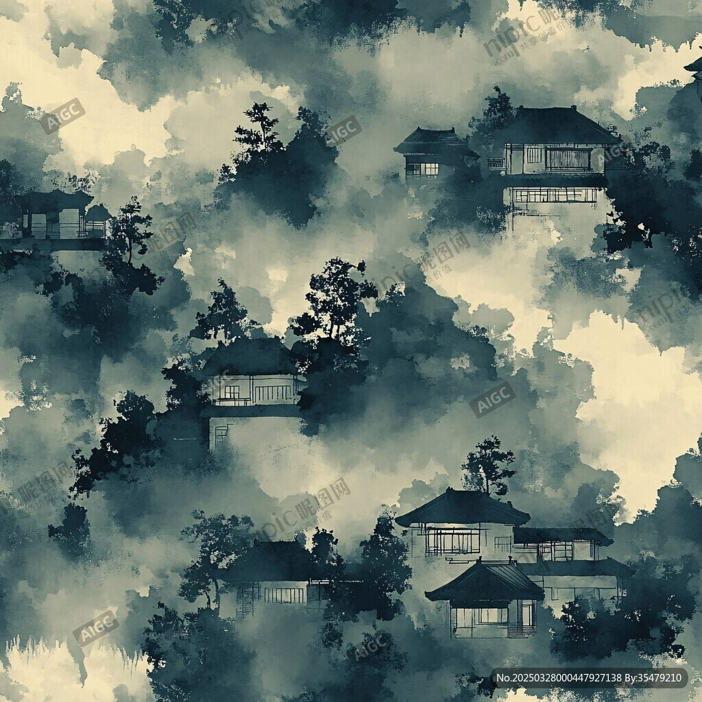 水墨山林中式建筑圖景