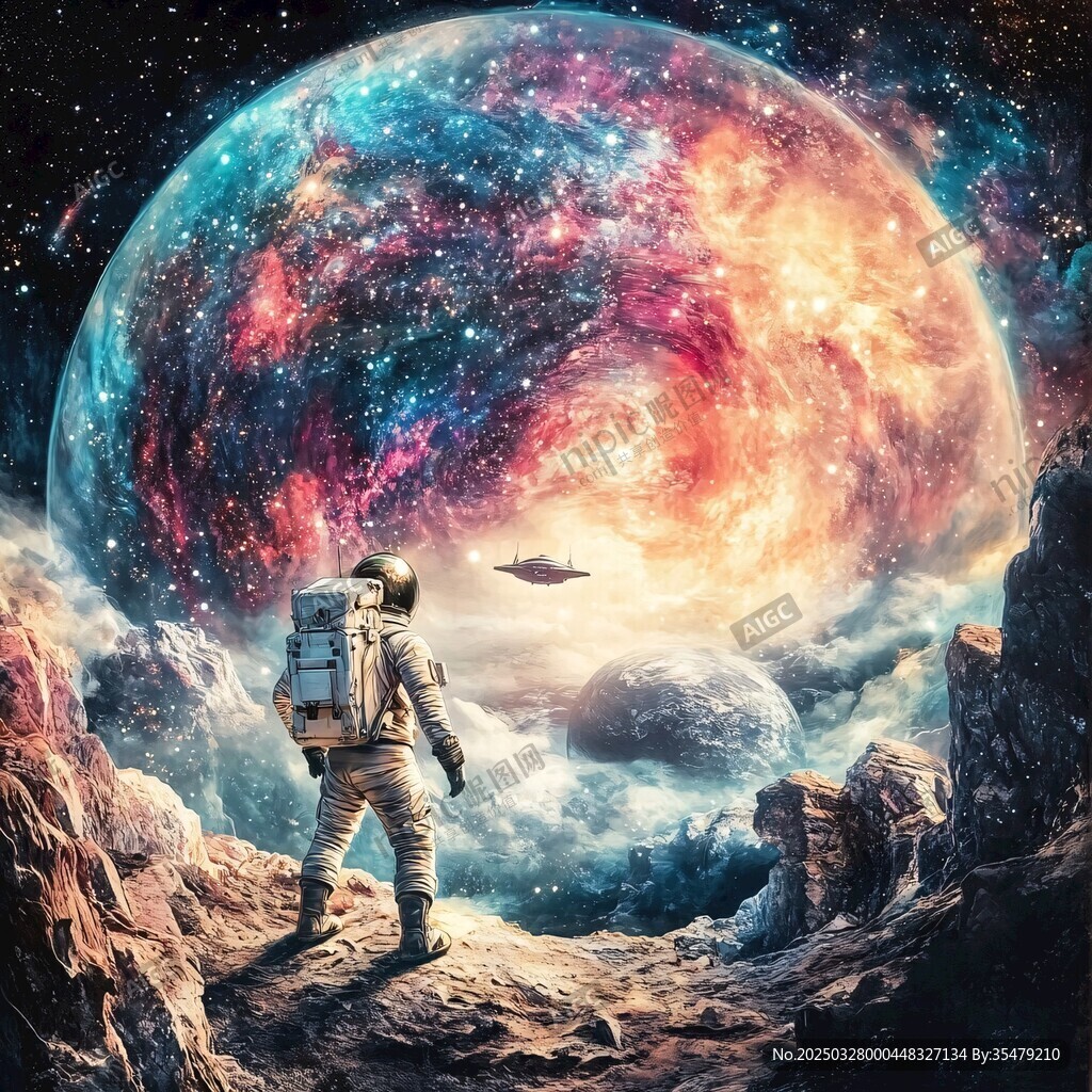 宇航員凝視奇幻宇宙景觀