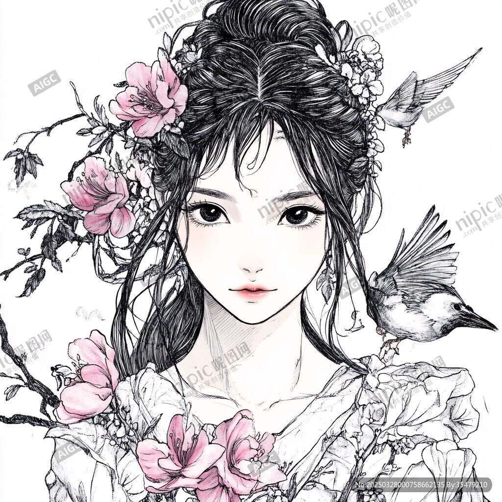 花飾少女與飛鳥古風插畫