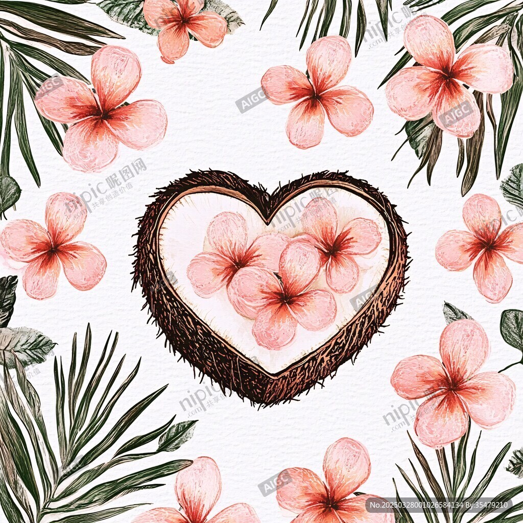 心形椰子與粉色花卉插畫