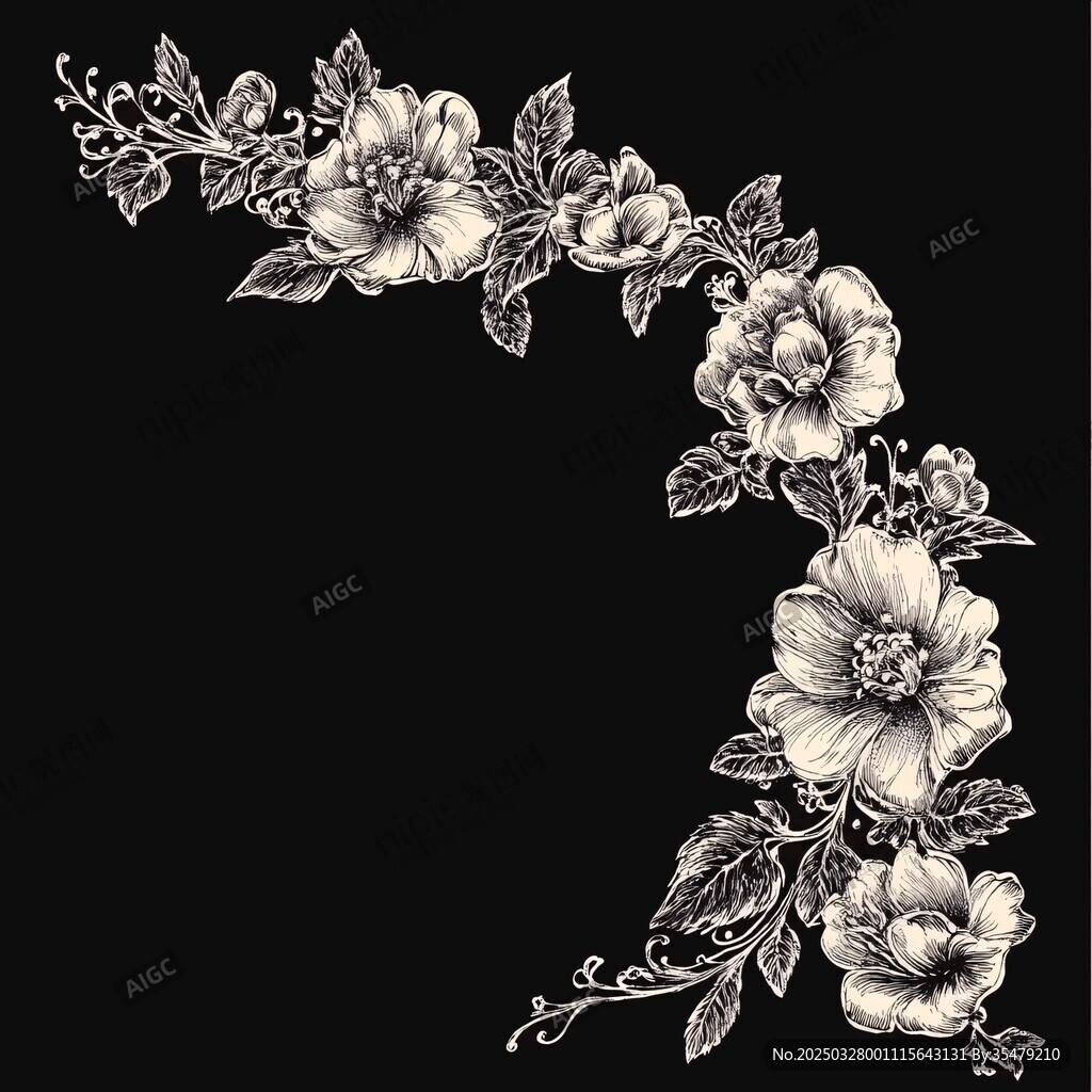 黑白花卉邊角裝飾圖案