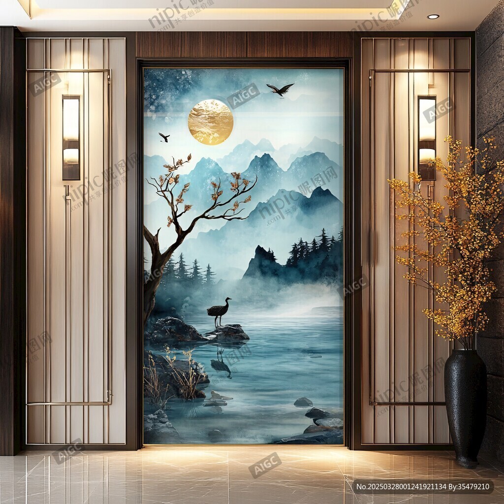 中式山水玄關(guān)壁畫意境美