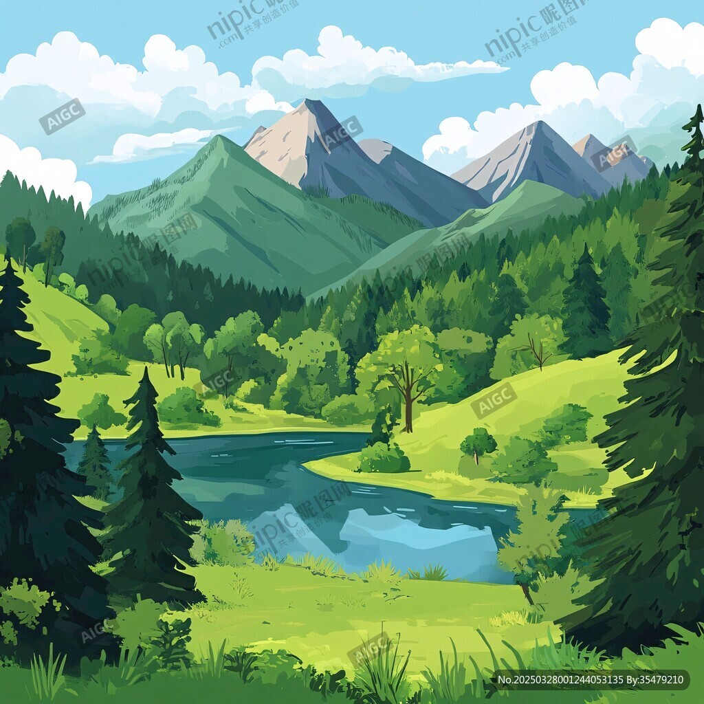 山間湖畔綠意盎然風(fēng)景畫
