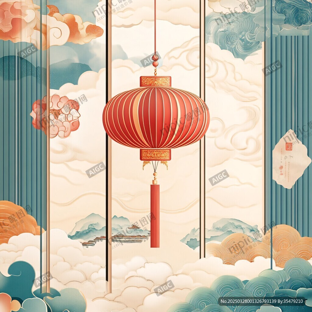中式古風燈籠掛飾插畫