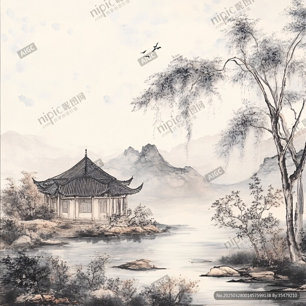 湖畔古亭水墨山水圖景