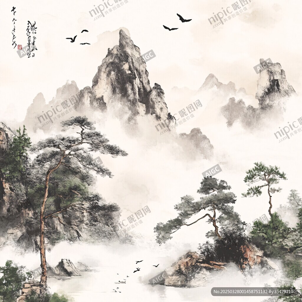 水墨山水間 飛鳥伴青松