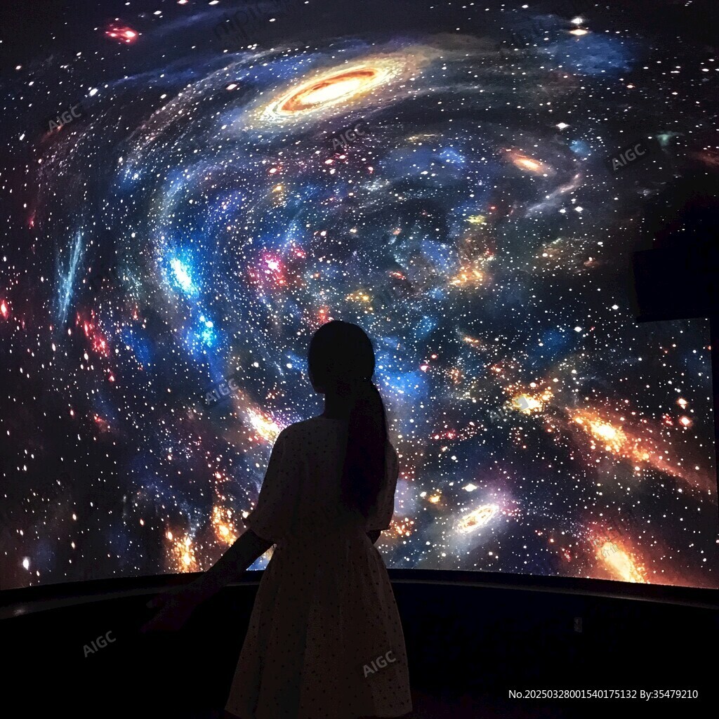 女孩凝望絢爛宇宙星空