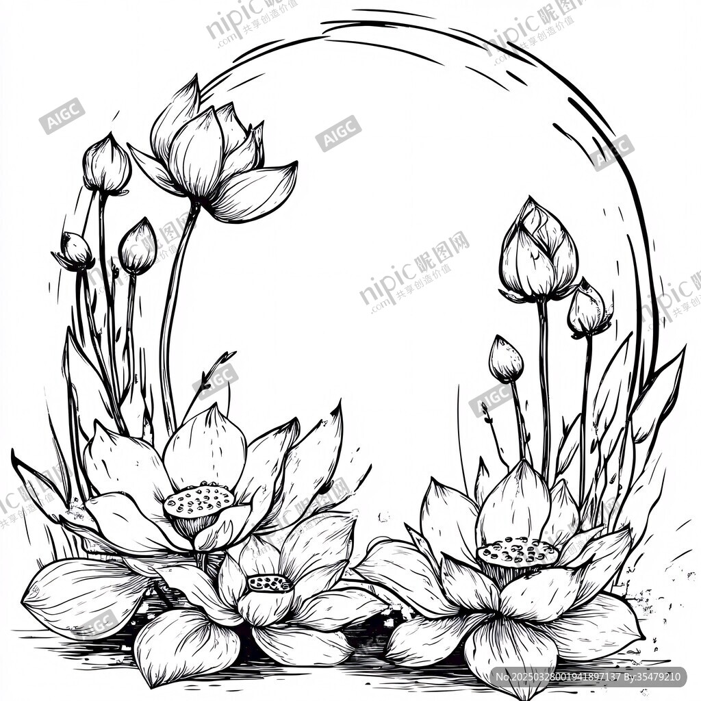 手繪荷花環(huán)形邊框插畫