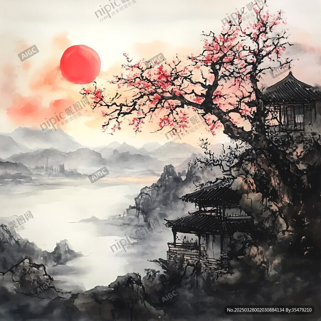 紅梅映日下的中式山水景