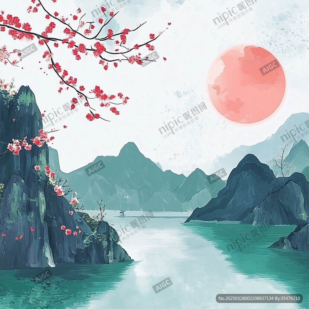 春日山水紅梅映日圖
