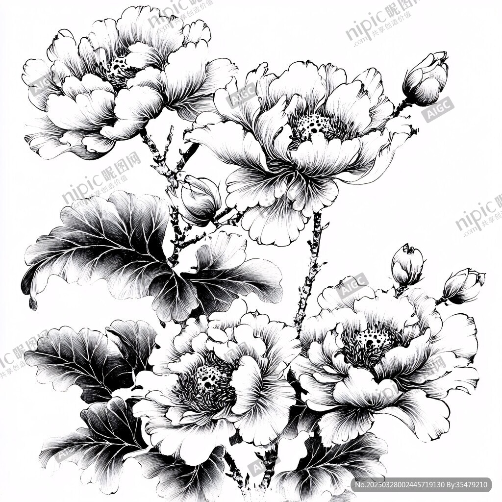 黑白牡丹花卉線描圖案